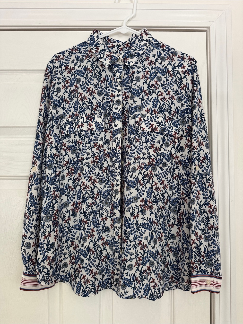 LOFT White Blouse with Navy & Rust Floral Print